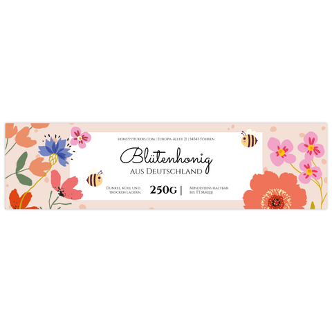 Florale Fiona – Rechteckiges Honigetikett 250g (Kunststoffdeckel)