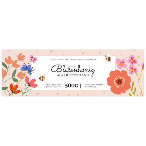 Florale Fiona – Rechteckiges Honigetikett 500g (Kunststoffdeckel)